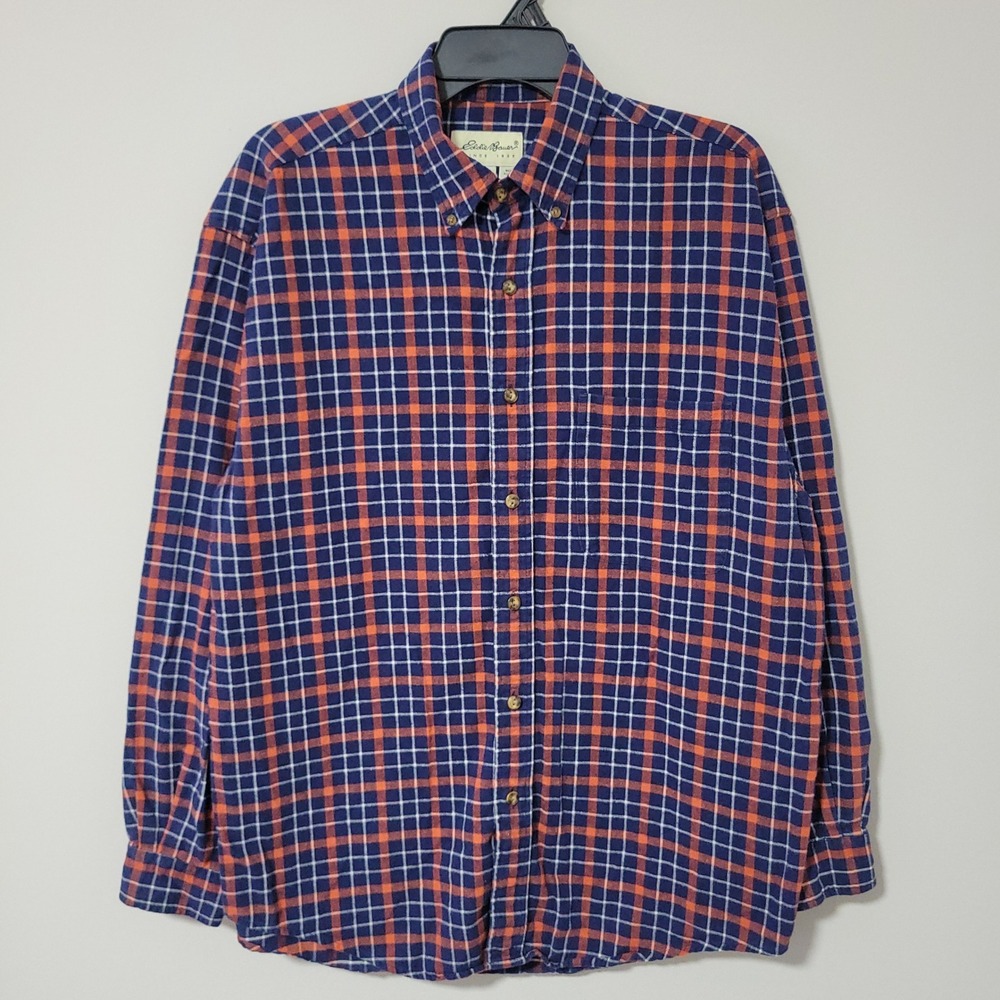 Vintage Eddie Bauer Button Down Shirt Mens M Navy Orange Plaid Flannel 90s